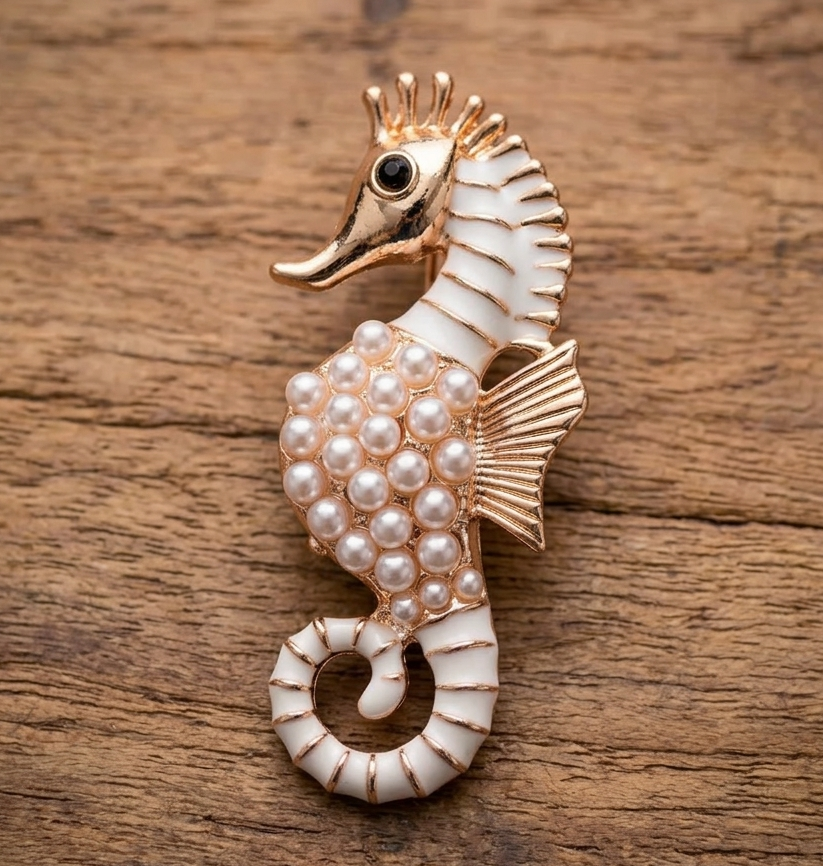 A high-resolution close-up of an elegant seahorse brooch from Zig & Zags, featuring a rose-gold-toned metal frame. The body of the seahorse is intricately set with clusters of white faux pearls and detailed with white enamel sections. It features a small black eye and is resting on a textured dark grey slate background. The image showcases the fine craftsmanship and luxurious texture of the jewelry piece