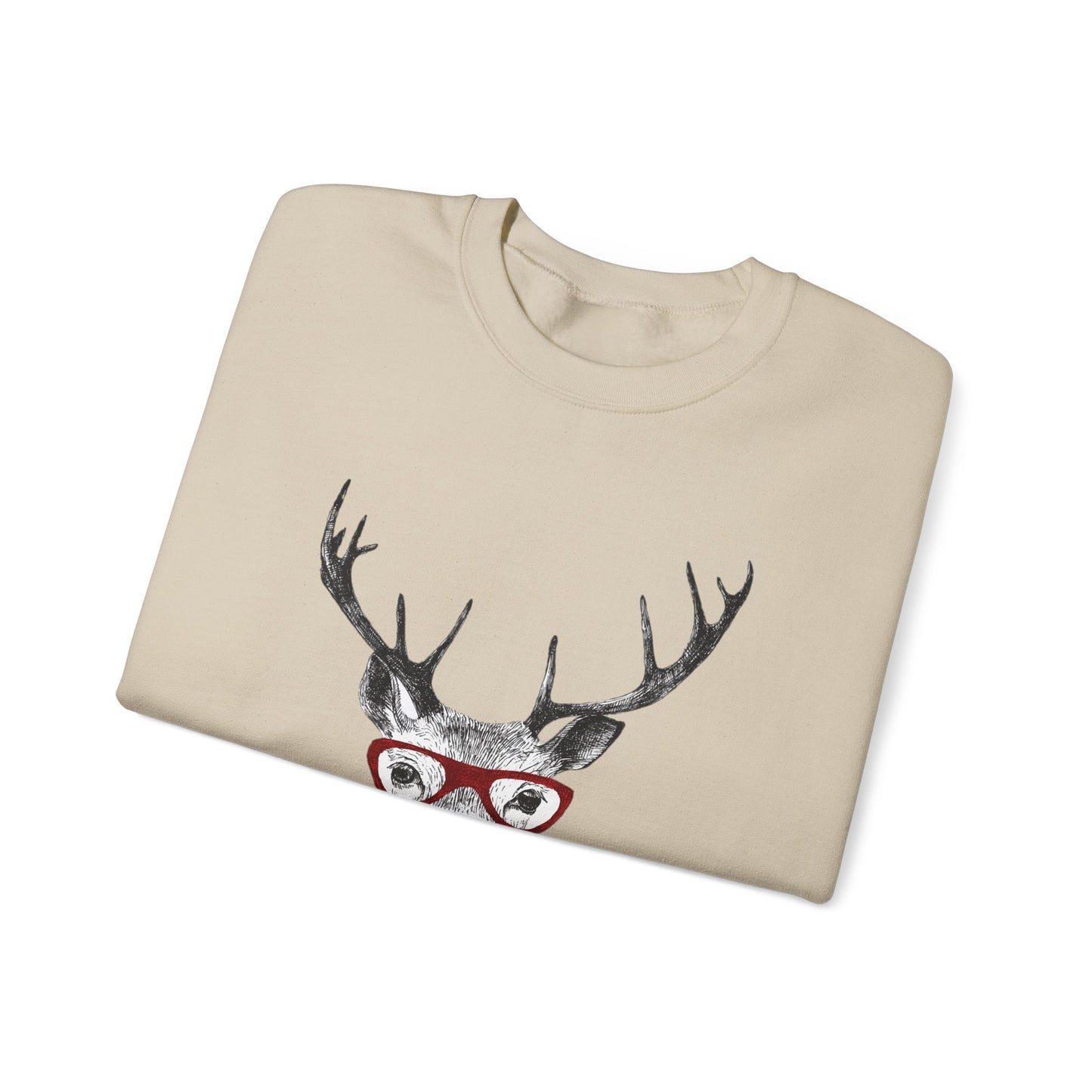 Folded Wild & Free Reindeer unisex sweatshirt in Sand with quirky stag wearing glasses print on a white background