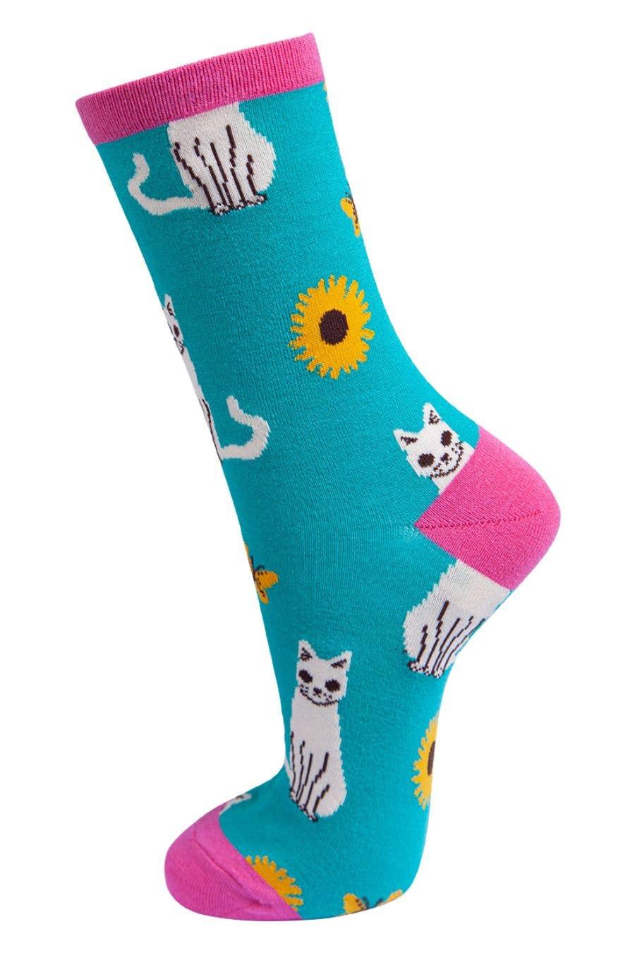 women's cat and sunflowers bamboo sock