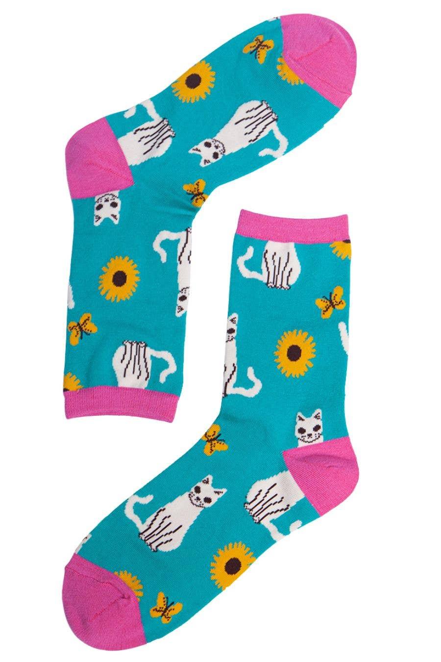 women's cat and sunflowers bamboo socks